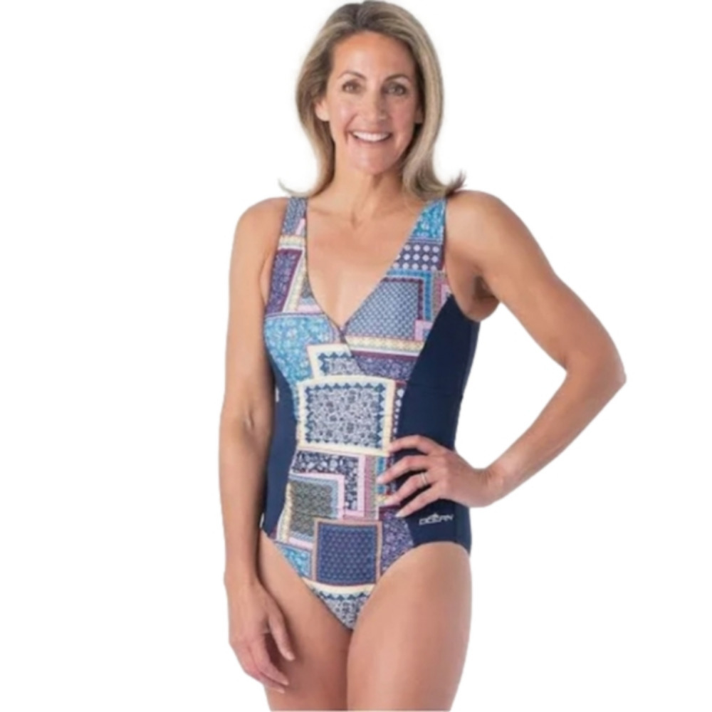 NWT Dolfin Swimwear One Piece Byzantine Print Panel V Neck Tummy Control Sz 14
